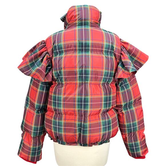 Hill House The Violet Ruffle Sleeve Puffer Jacket Womens L Tartan Plaid NWT Holi - Picture 2 of 16